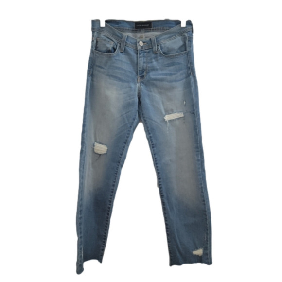 Flying Monkey Distressed Raw Hem Mid-Rise Light Medium Wash Straight Leg Jeans - Picture 1 of 11